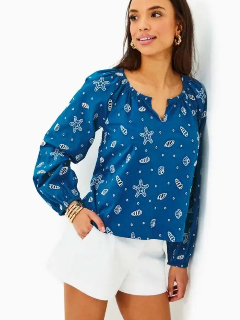 Lilly Pulitzer Blue Seashell Embroidered Blouse Size M